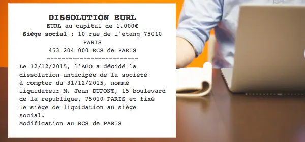 annonce légale dissolution EURL